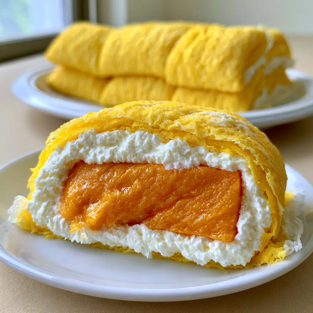 Mango pancake: The Ultimate Hong Kong Dim Sum Dessert Guide 1 A stack of rectangular yellow Mango pancake pillows on a white ceramic plate.