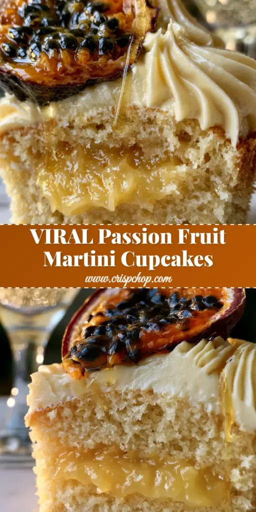 A halved Passion Fruit Martini Cupcake showing the glowing yellow curd center and silky Prosecco buttercream garnish with gold syrup. (Passion Fruit Martini Cupcakes)
