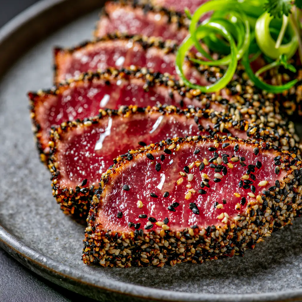 Detailed view of glossy ginger-lime glaze drizzled over sesame crusted tuna steaks. (tuna steak recipe)