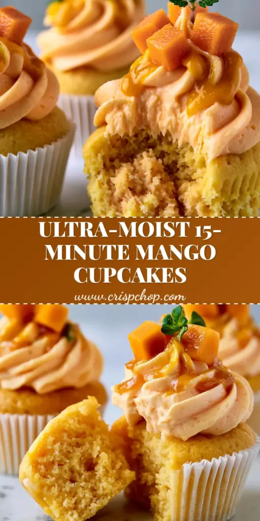 Mango Cupcakes with Silky Mango Cream Cheese Frosting and Fresh Puree 4 A vertical Pinterest pin showing three tall Mango Cupcakes with orange frosting swirls and fresh mango cubes on a marble surface.