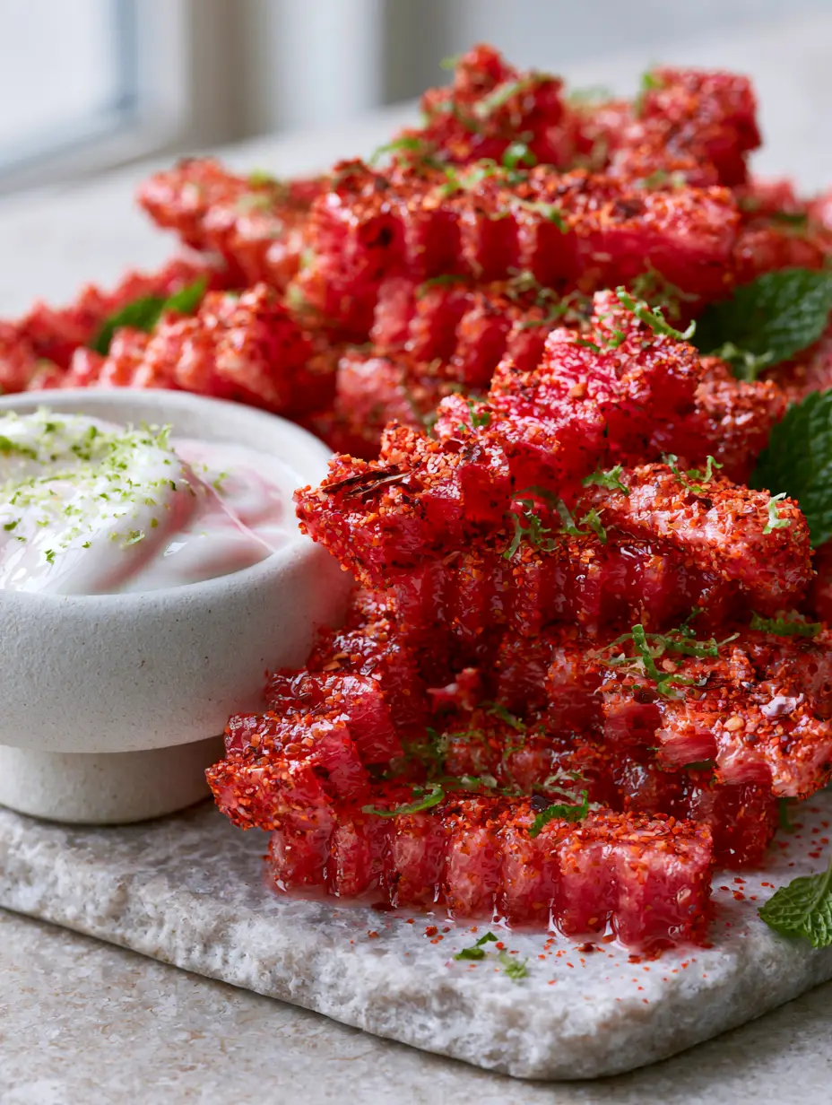 Close up of ruby-red watermelon fries showing wavy edges and Tajin seasoning. (watermelon fries)