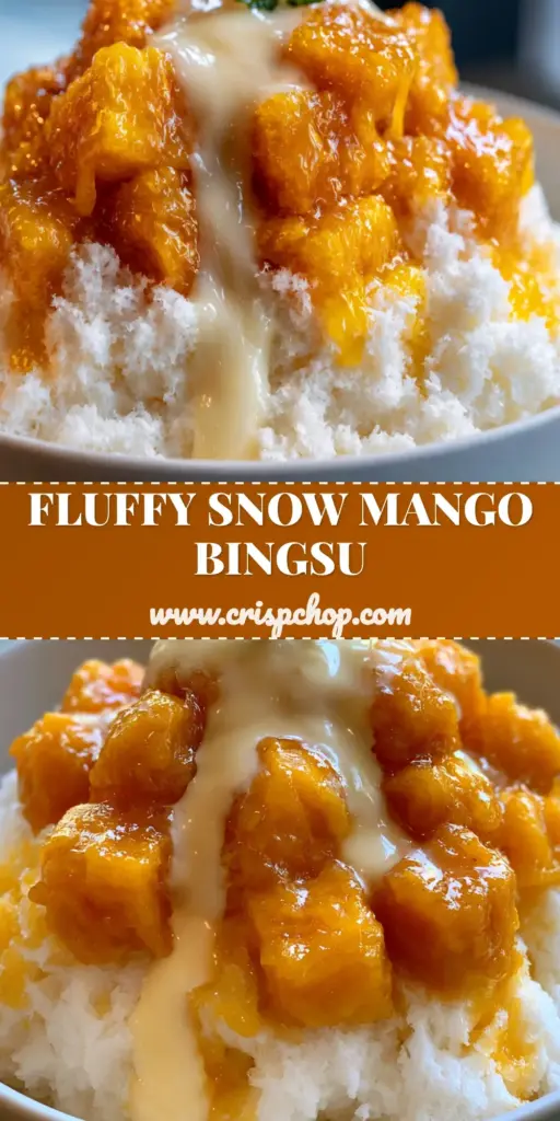 A minimalist white bowl filled with powdery milk snow topped with glistening honey mango cubes and fanned slices, drizzled with condensed milk. (mango bingsu)