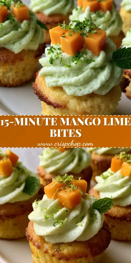 A close-up shot of mango lime mini cupcake bites with vibrant mango cubes and lime zest on an artisanal plate.