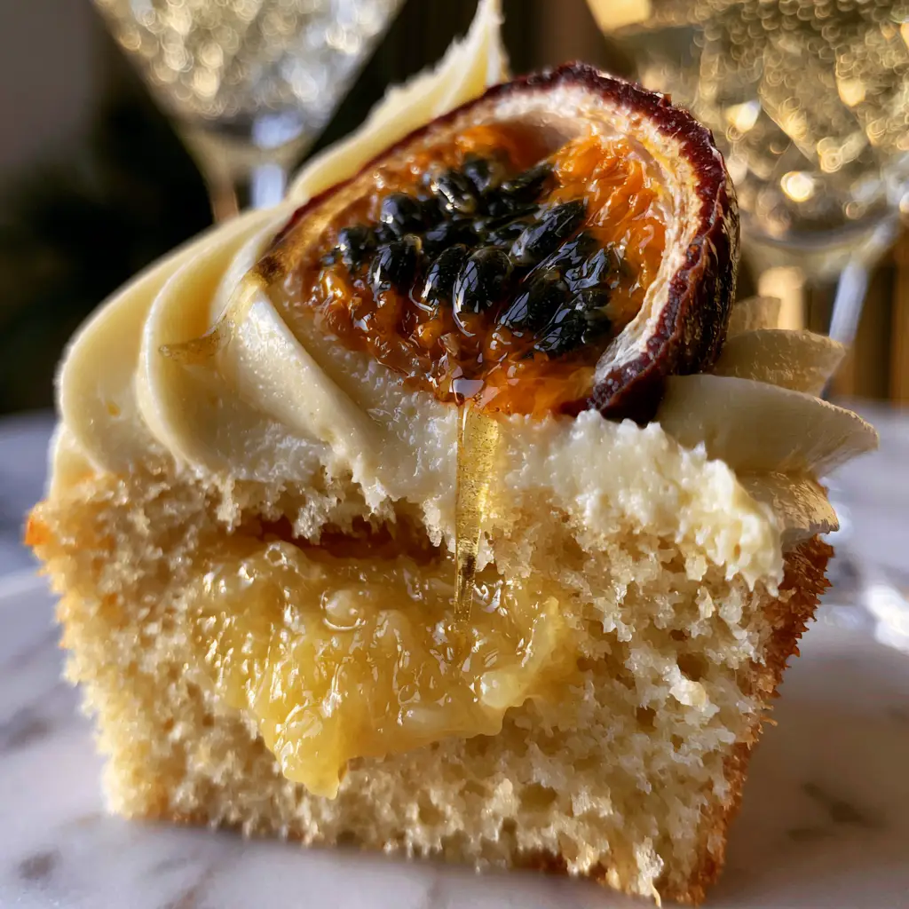 Mango Cupcakes with Silky Mango Cream Cheese Frosting and Fresh Puree 2 Extreme macro close-up of three ultra-moist Mango Cupcakes with golden-yellow sponge and pastel orange frosting swirls.