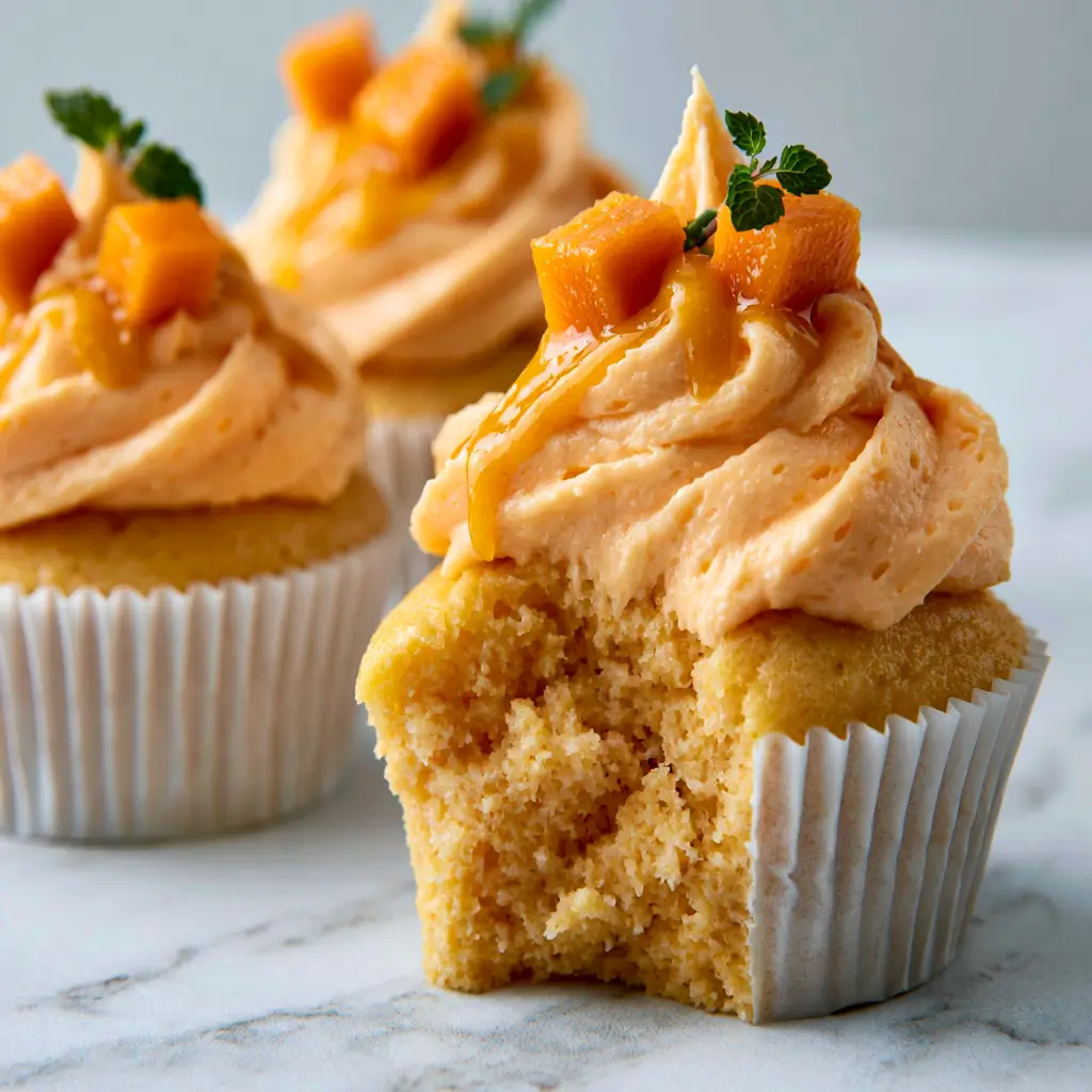 Mango Cupcakes with Silky Mango Cream Cheese Frosting and Fresh Puree 1 One mango cupcake gently broken open to reveal the moist internal sponge texture alongside fresh mango garnishes.