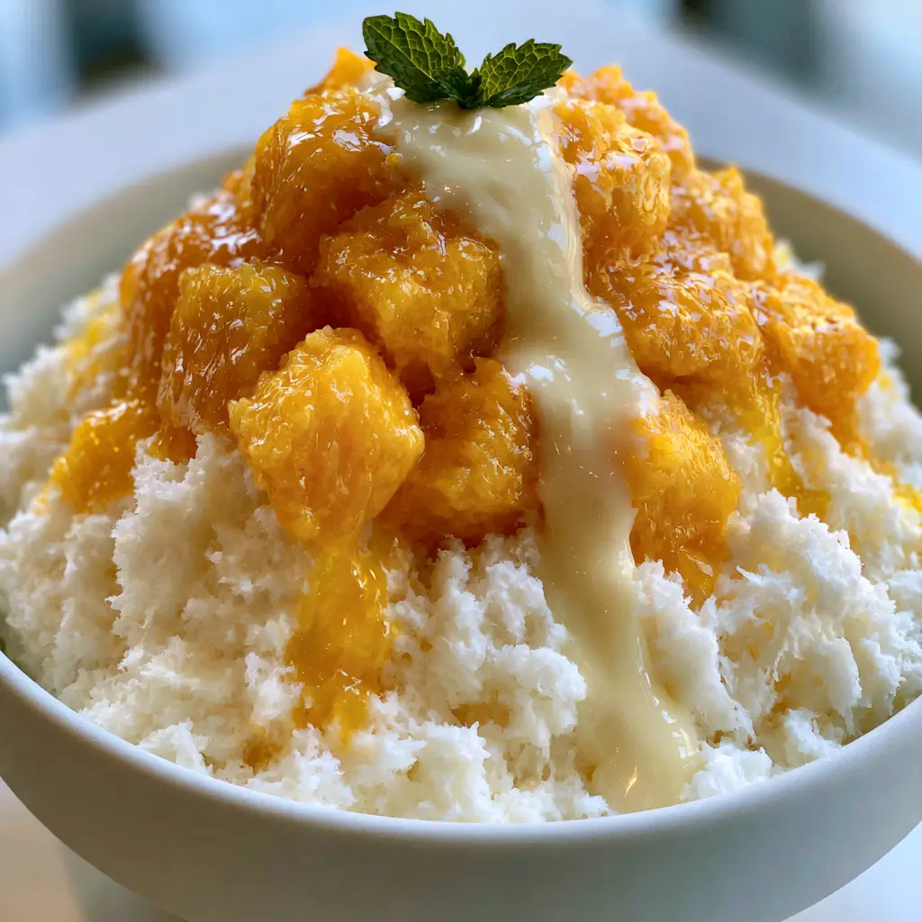 A thick stream of sweetened condensed milk pouring over vibrant orange mango cubes on a bed of snow ice. (mango bingsu)