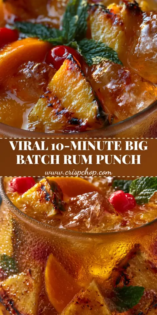 A large frosted glass pitcher filled with pineapple mango rum punch, charred pineapple wedges, mango slices, and mint sprigs under golden sunlight.
