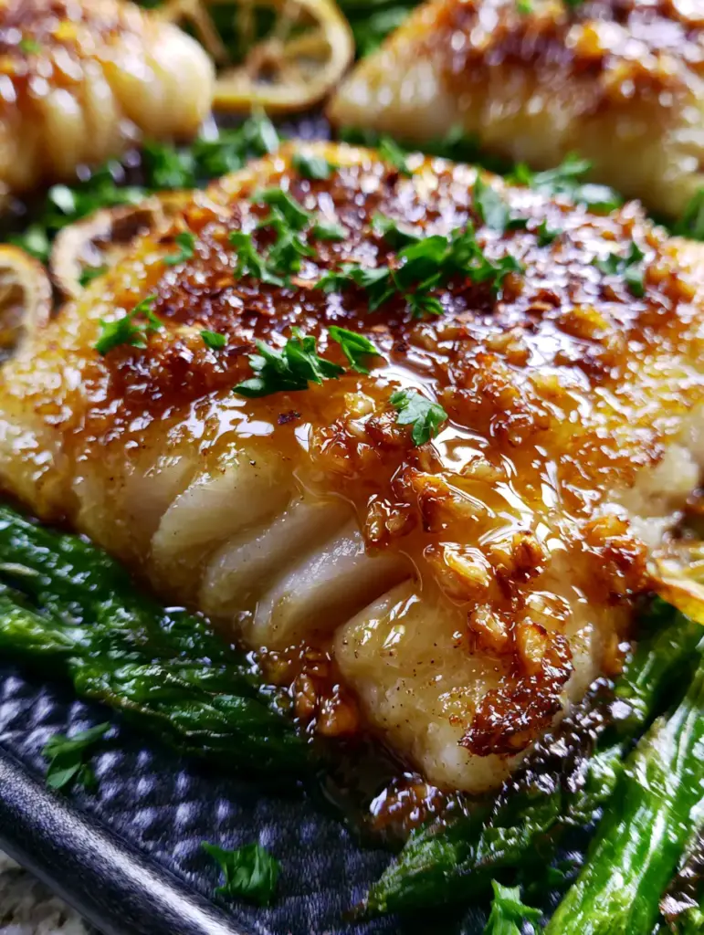 Baked Honey Garlic Cod: The Ultimate 20-Minute Sheet Pan Dinner 1 Extreme close up of caramelized cod edges and charred lemon wheels on a dark textured sheet pan.
