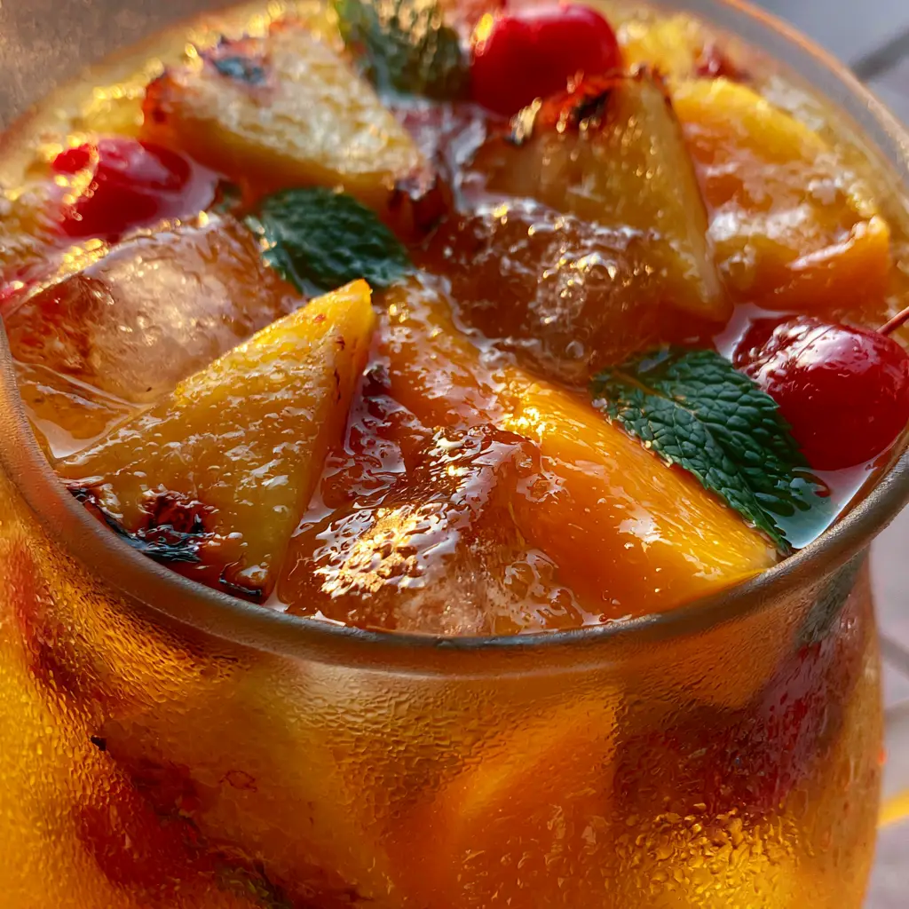 Eye-level view of tropical rum punch in a pitcher with charred pineapple and mint sprigs.