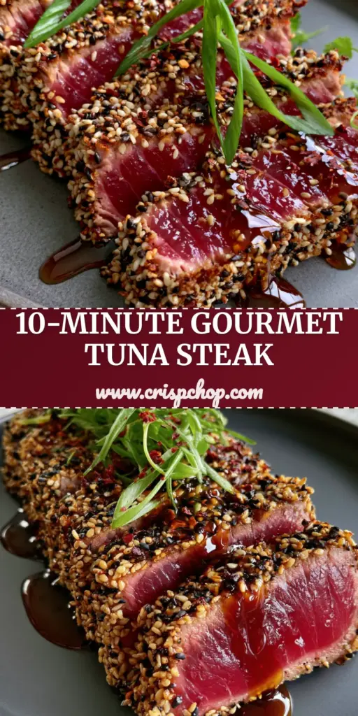 Sesame Ginger Tuna Steak: The Ultimate Guide to a Restaurant-Quality Rare Sear 3 A perfectly seared Sesame Ginger Tuna Steak with a thick black and white sesame seed crust and glossy soy reduction on a charcoal plate.