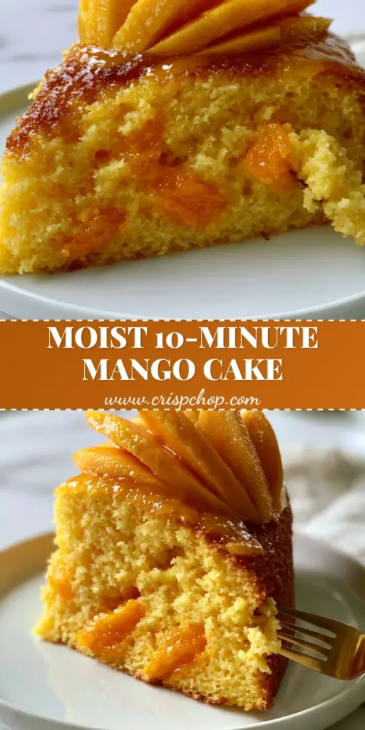 A thick slice of golden-yellow mango cake with fresh mango slices on top and a gold fork on a white plate. (Mango Cakes)