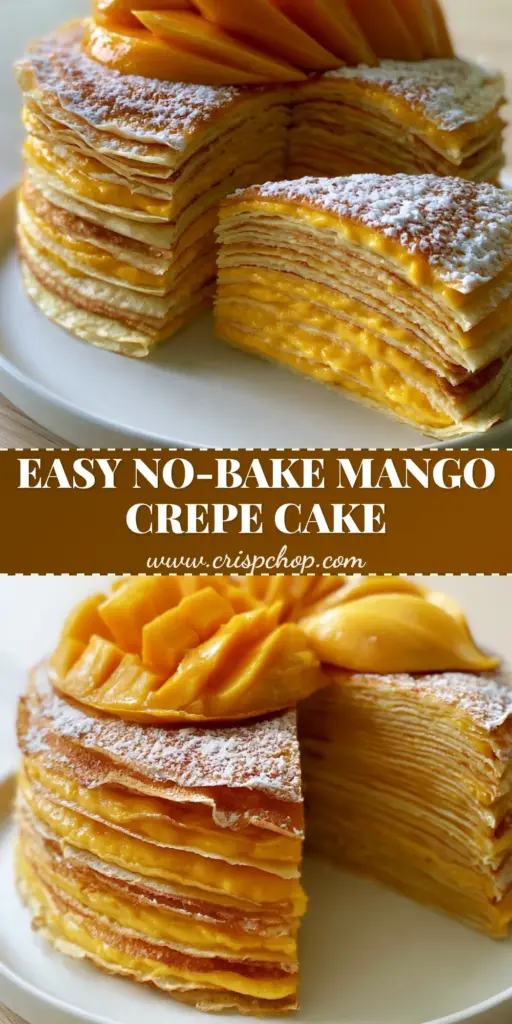 A tall Mango Crepe Cake with 20 golden layers and fanned Alphonso mangoes on a white plate.