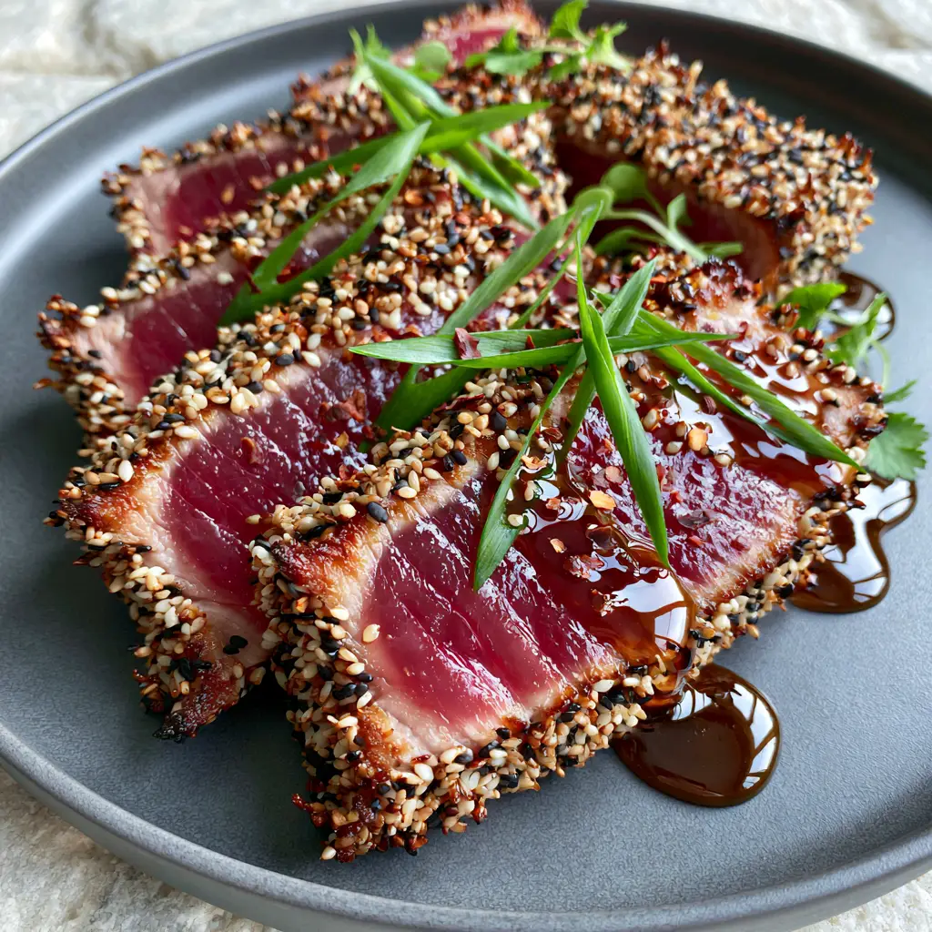 Sesame Ginger Tuna Steak: The Ultimate Guide to a Restaurant-Quality Rare Sear 2 Close up of Ahi tuna medallions showing the ruby-red center and toasted sesame crust. (Sesame Ginger Tuna Steak)