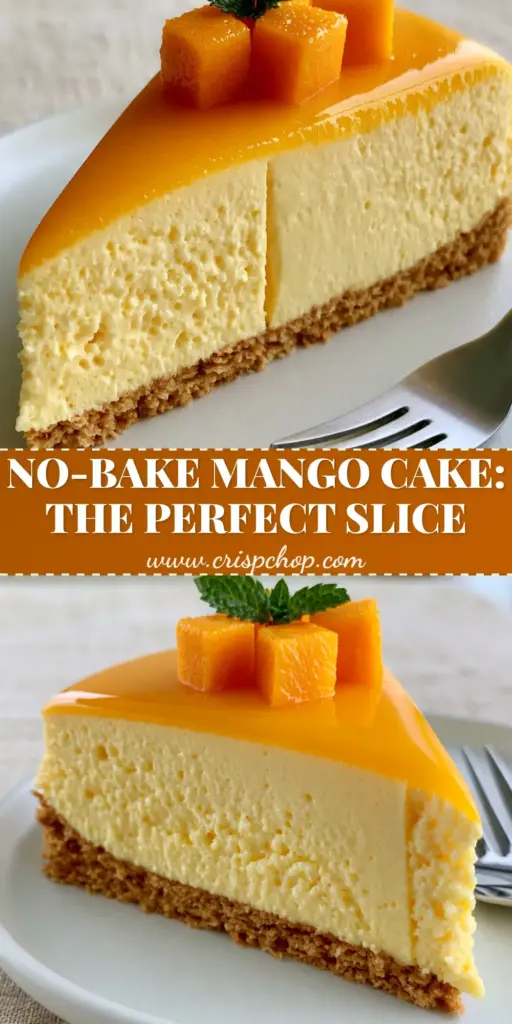 Mango Mousse Cake with a Glossy Mirror Glaze 4 A sharp, side-profile slice of mango mousse cake with a 1/2 inch graham cracker crust and vibrant orange mirror glaze on a white plate.