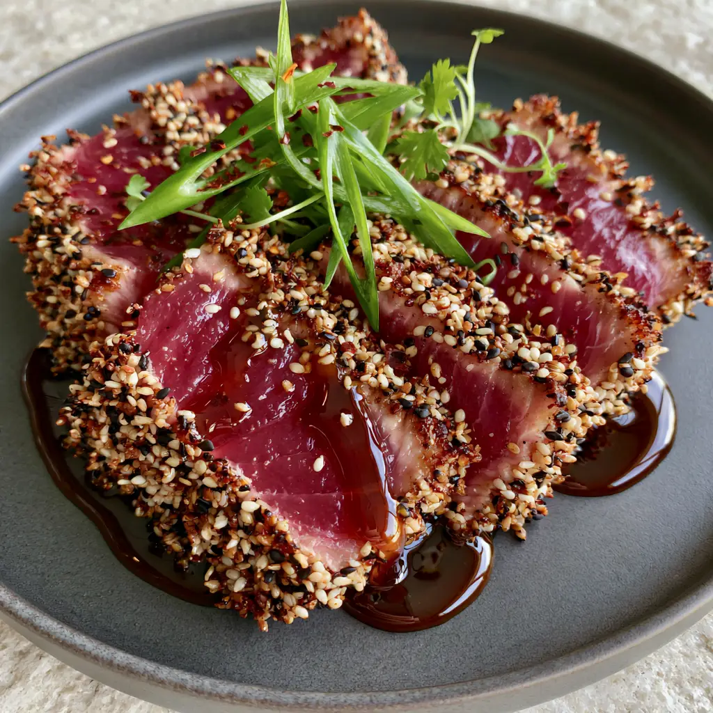 Sesame Ginger Tuna Steak: The Ultimate Guide to a Restaurant-Quality Rare Sear 1 Tuna medallions drizzled with a dark amber ginger-soy glaze and topped with scallions and chili flakes.