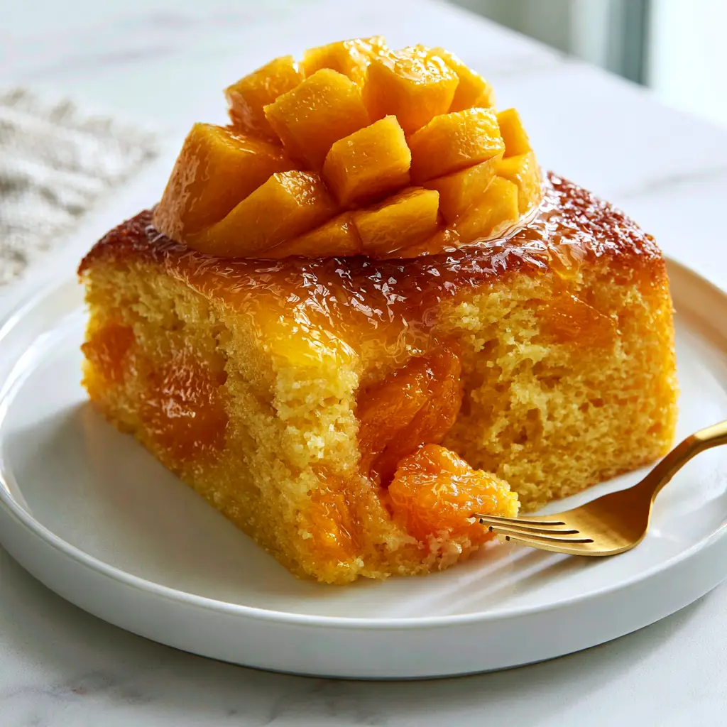 Top view of Mango Cakes decorated with fanned mango slices and a translucent glaze. (Mango Cakes)