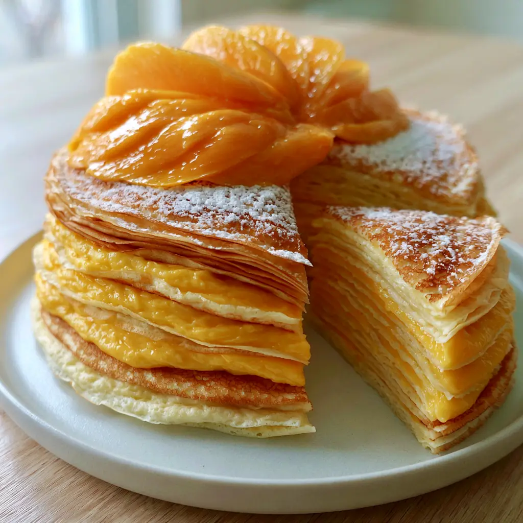 A removed slice of Mango Crepe Cake revealing the velvety thick mango-infused pastry cream.