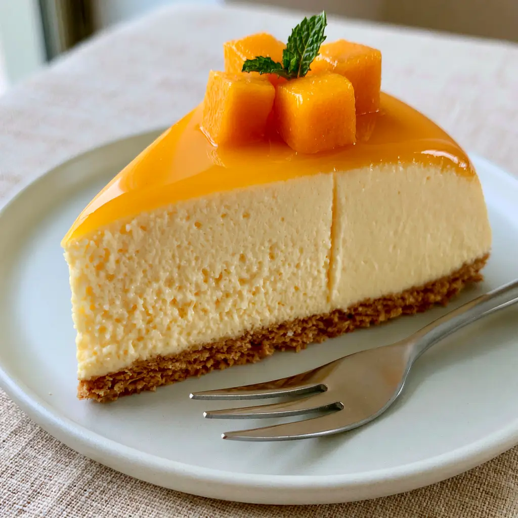 Mango Mousse Cake with a Glossy Mirror Glaze 2 Close up view of the airy pale yellow mango mousse cake layers and glossy deep orange mirror glaze.