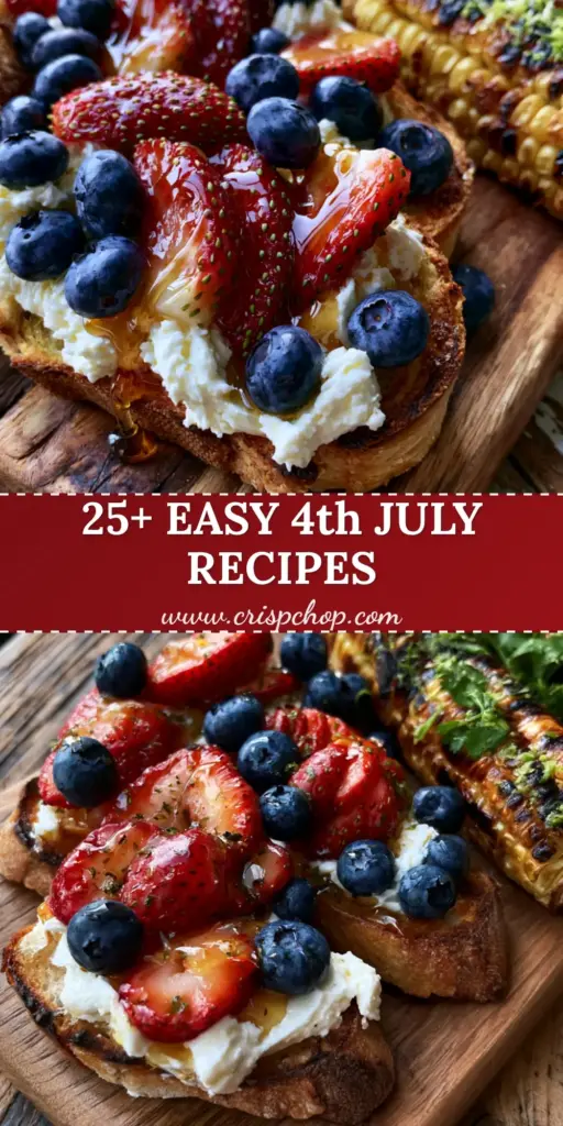 A rustic wooden board featuring 4th of july food including whipped feta baguettes with berries and charred corn ribs.
