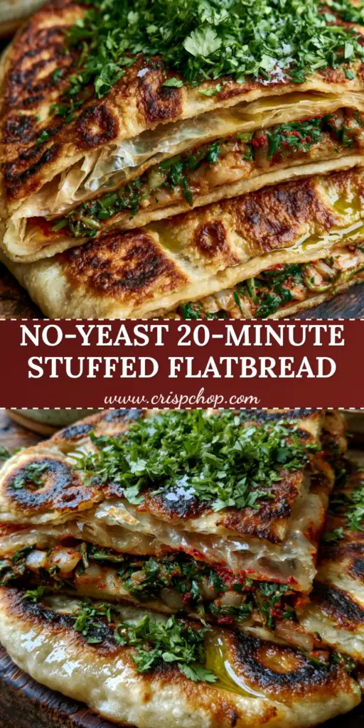 A close-up of a golden-brown Moroccan herb-stuffed flatbread sliced in half to show flaky layers and green herb filling on a wooden board. (moroccan herb-stuffed flatbread)