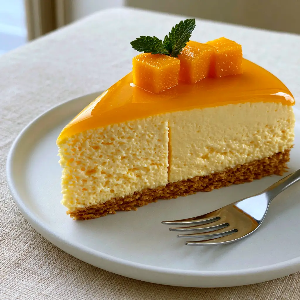 Mango Mousse Cake with a Glossy Mirror Glaze 1 A minimalist presentation of mango mousse cake featuring fresh mango cubes and a mint leaf garnish.