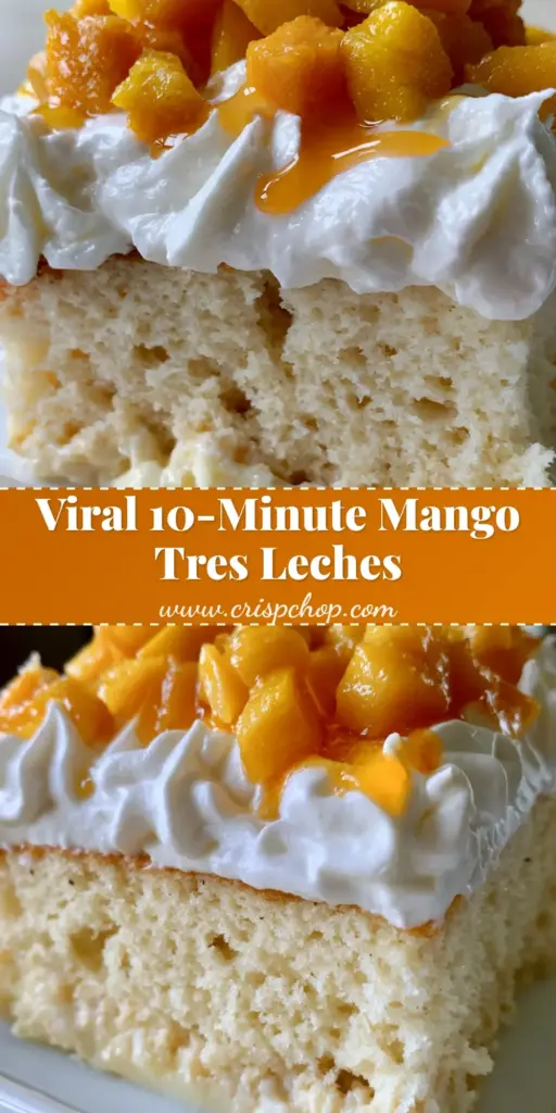 Mango Tres Leches Cake with Neon-Orange Fresh Fruit and Honey-Mango Drizzle 4 A thick slice of mango tres leches cake with a 2-inch whipped cream layer and neon-orange mango cubes on a white plate.