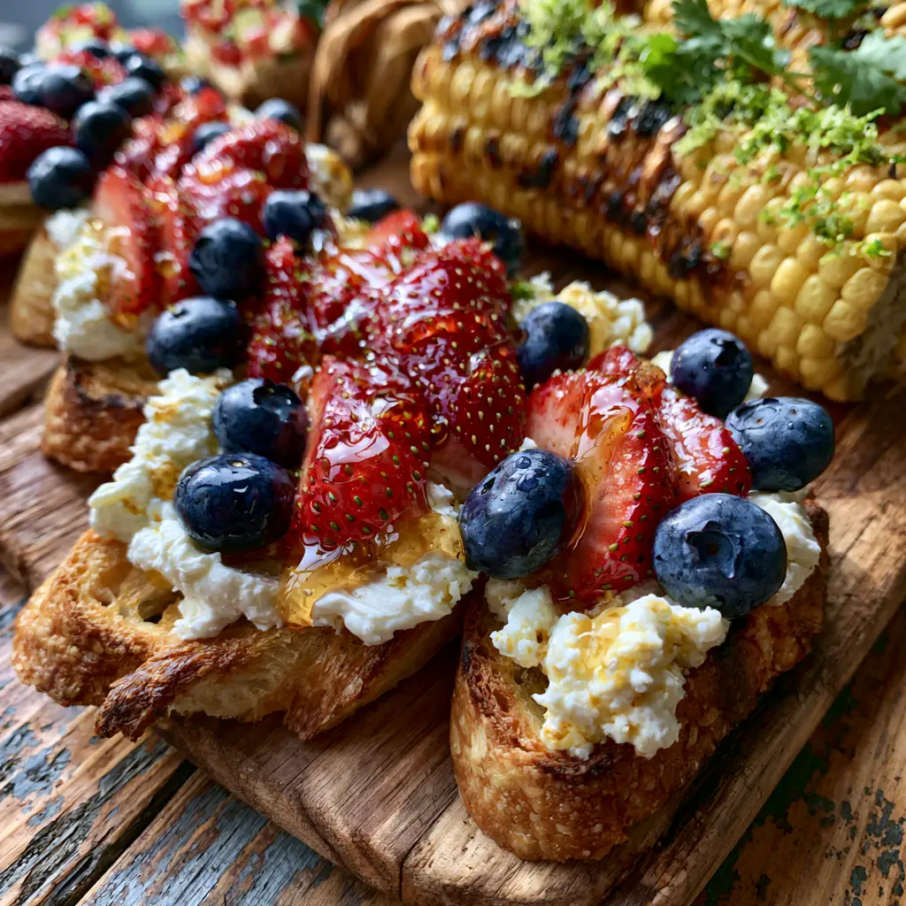 Close up of charred corn ribs with lime zest and cilantro as part of a 4th of july food spread.