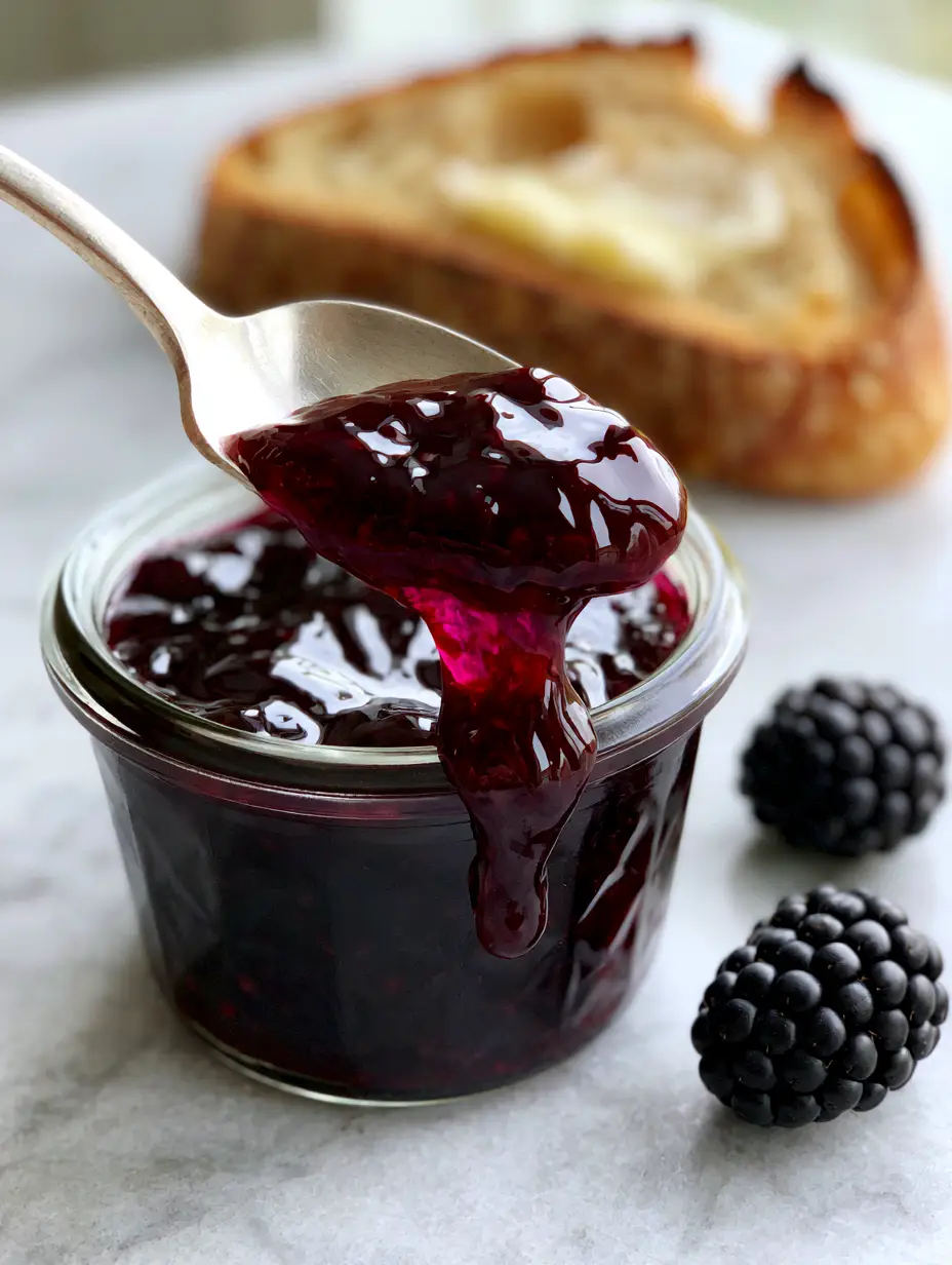 Macro close-up of a silver spoon lifting thick, obsidian purple jam with magenta highlights (blackberry jam recipe).