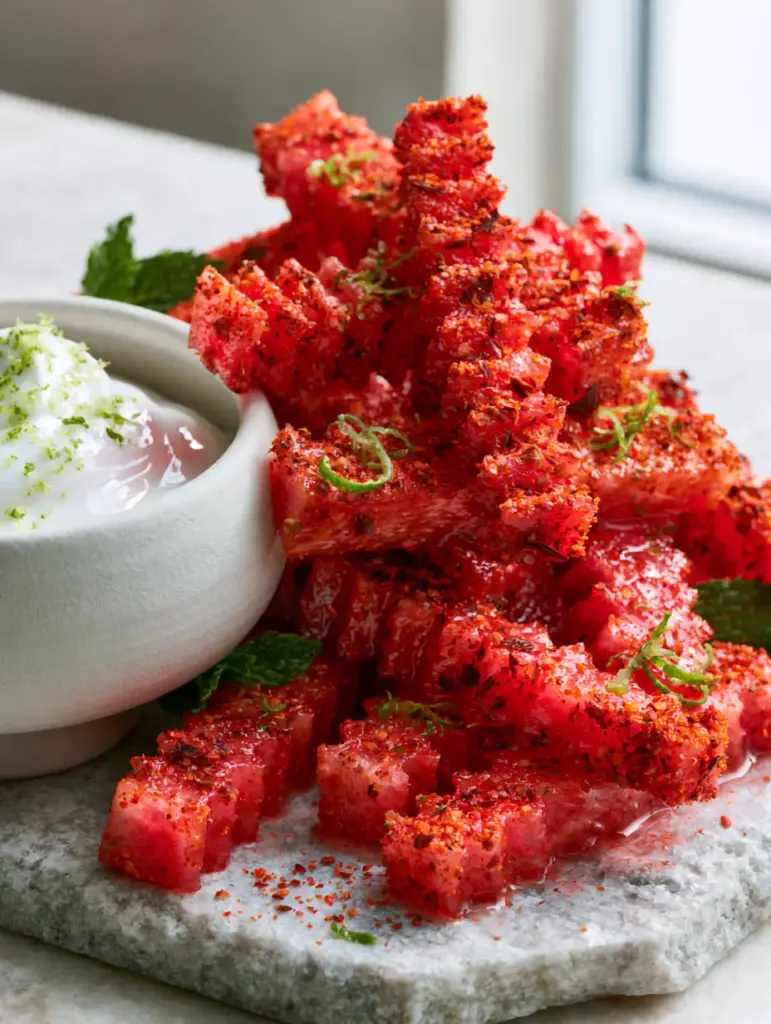 Haphazardly stacked watermelon fries next to a matte white bowl of Greek yogurt dip.