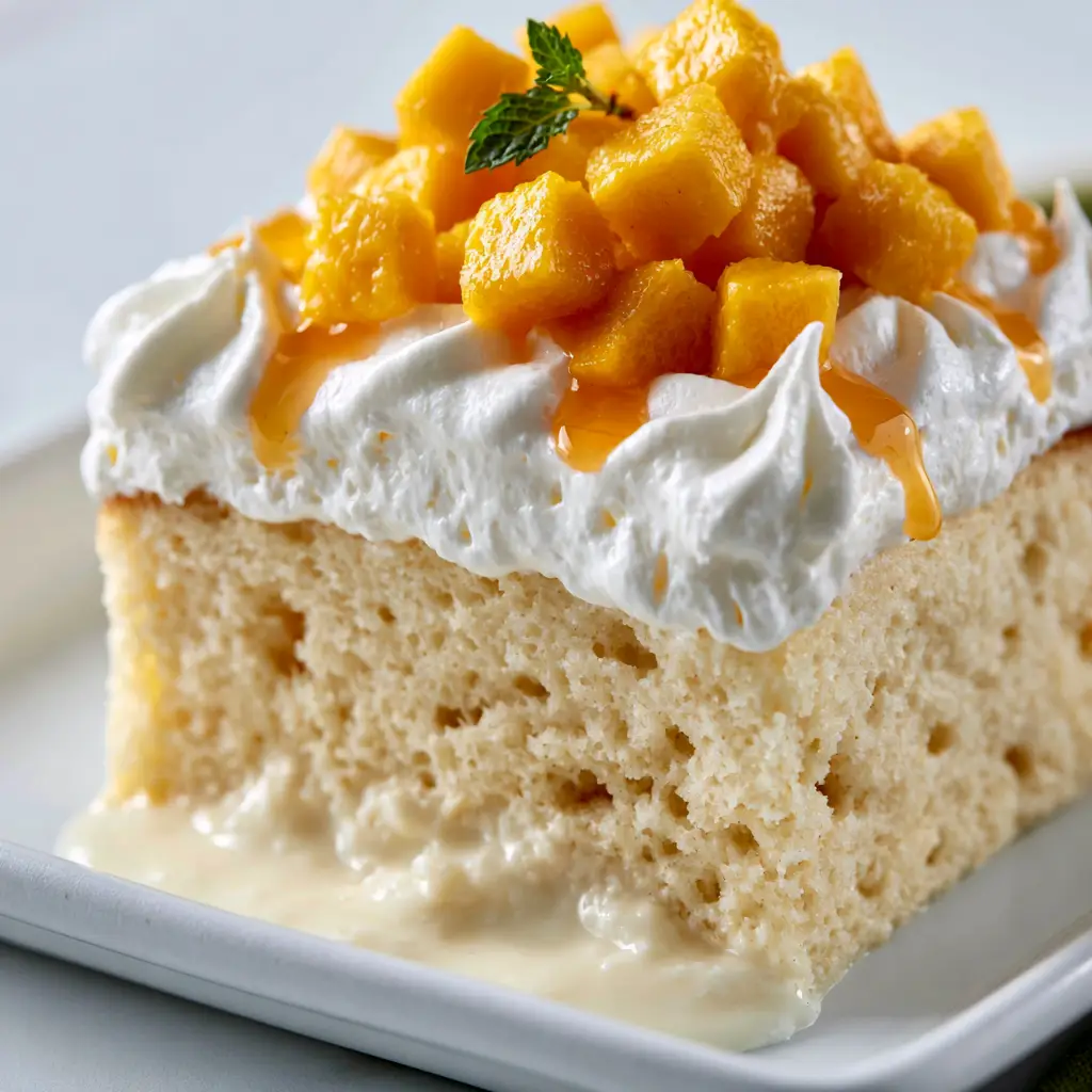 Mango Tres Leches Cake with Neon-Orange Fresh Fruit and Honey-Mango Drizzle 2 Macro low-angle shot of a clean-cut slice of mango tres leches cake showing the porous sponge and ivory cream pool.
