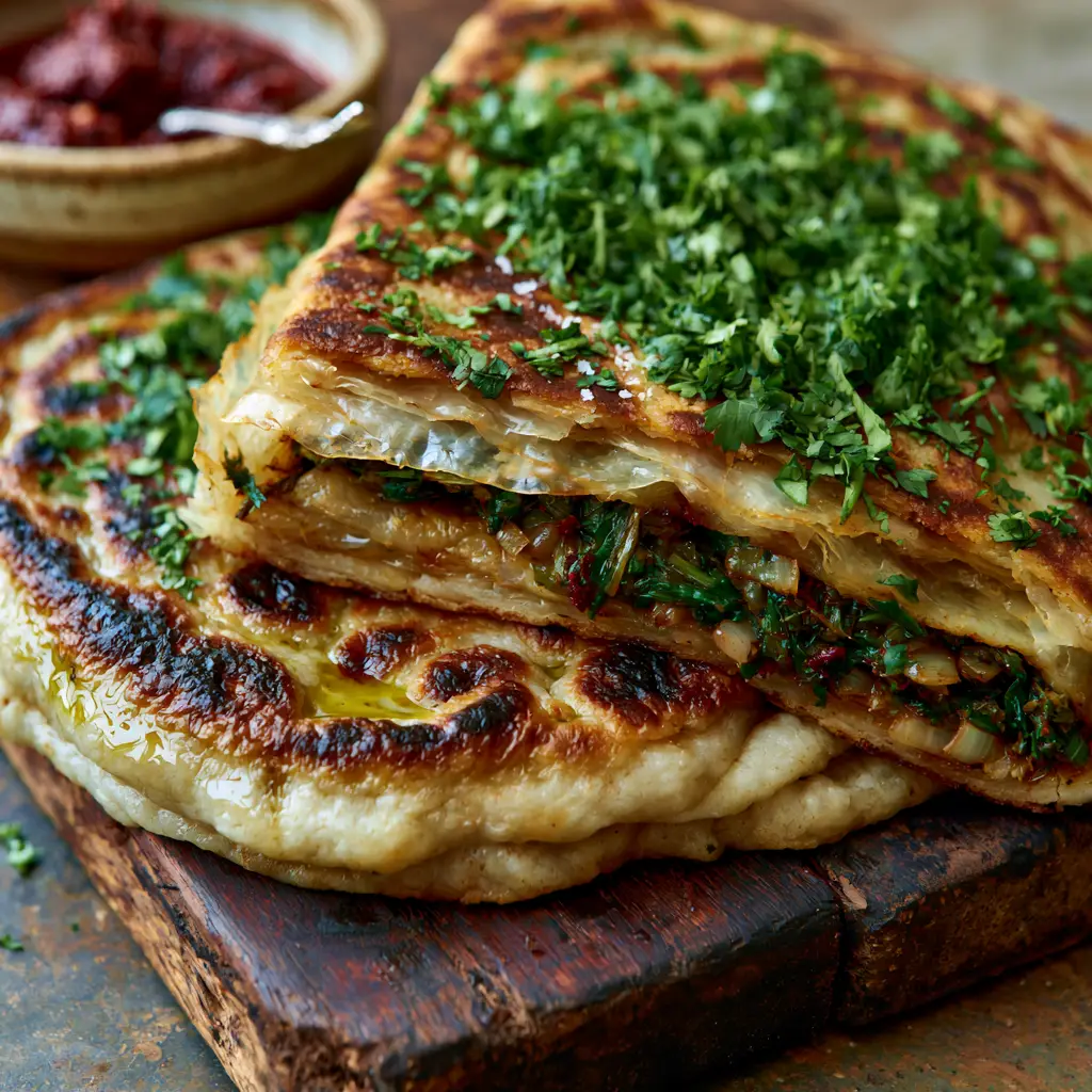 Close up of the interior of a moroccan herb-stuffed flatbread showing the sautéed green herbs and translucent layers.