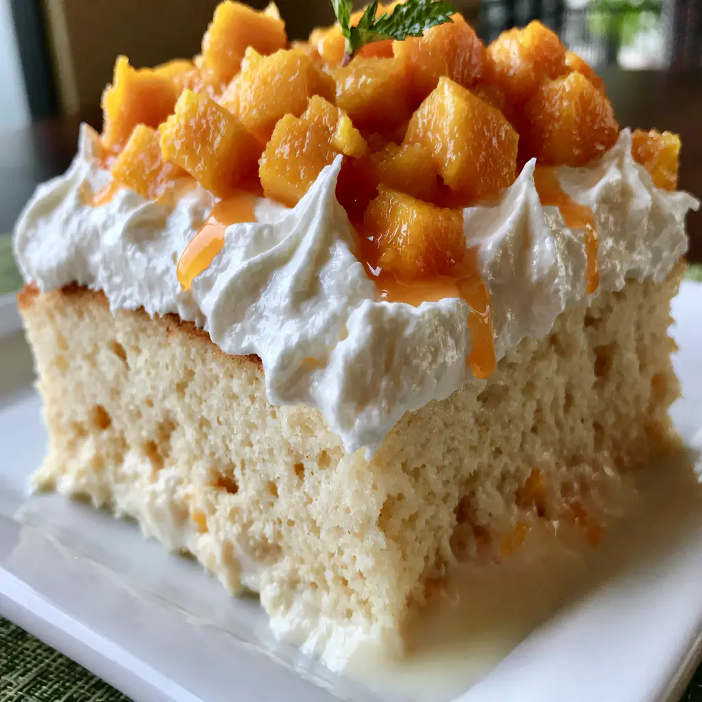 Mango Tres Leches Cake with Neon-Orange Fresh Fruit and Honey-Mango Drizzle 1 Close-up of the 2-inch whipped cream topping and vibrant orange Kent mango cubes on a mango tres leches cake.