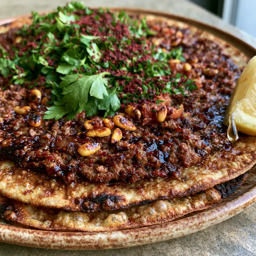 High-angle shot of Lahm Bi Ajeen topped with golden pine nuts, diced tomatoes, sumac, and fresh flat-leaf parsley.