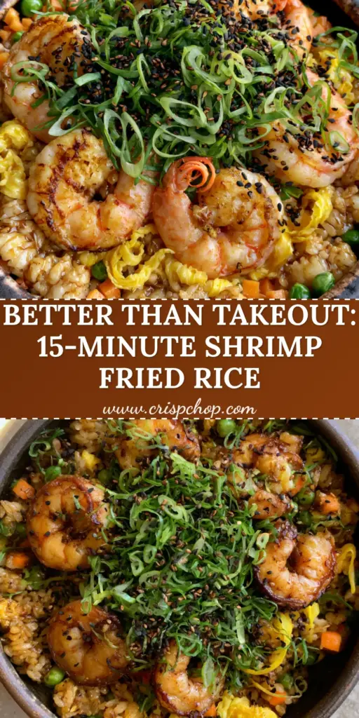 Shrimp Fried Rice Recipe: The Ultimate Guide to Wok-Seared Perfection 4 A dark ceramic bowl filled with Shrimp Fried Rice featuring charred jumbo shrimp, golden rice grains, green peas, and egg ribbons. (Shrimp Fried Rice Recipe)