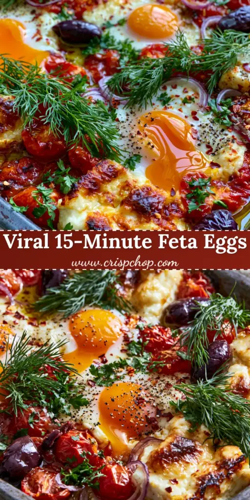 Mediterranean Baked Feta Eggs with Blistered Tomatoes and Olives 5 A rustic sheet pan filled with Mediterranean Baked Feta Eggs, featuring runny orange yolks, charred feta cheese chunks, and jammy blistered tomatoes garnished with dill.
