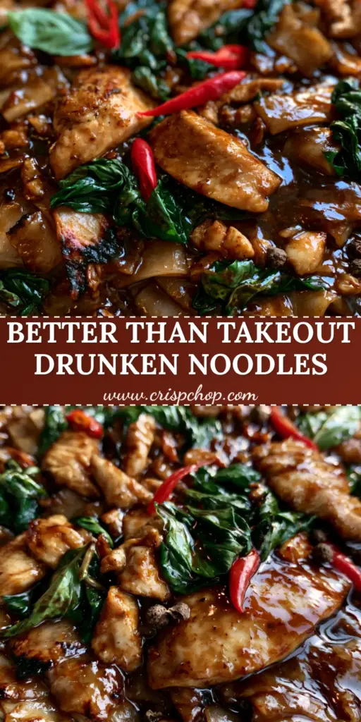 Pad Kee Mao: The Ultimate Guide to Authentic Spicy Thai Drunken Noodles 5 A high-angle handheld shot of Pad Kee Mao in a carbon steel wok featuring charred wide rice noodles, chicken, and Thai basil. (Pad Kee Mao)