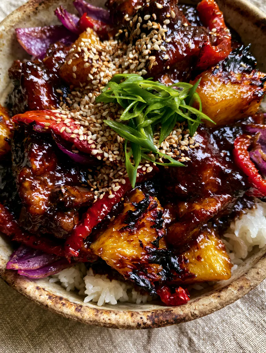 Succulent chunks of chicken thigh drenched in a deep brown soy-ginger sauce with charred pineapple wedges. (hawaiian recipe)
