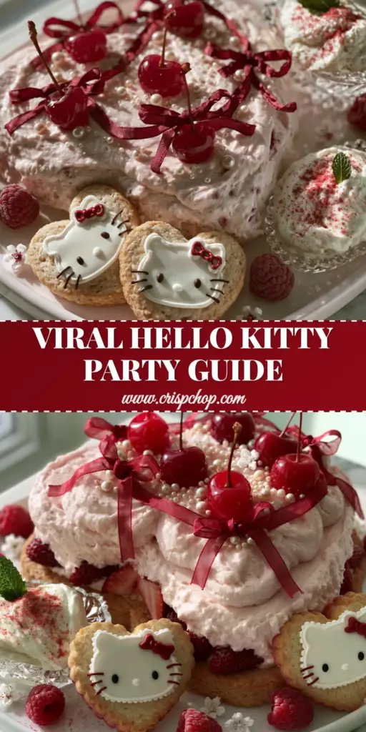 A high-end Hello Kitty birthday party ideas dessert platter featuring a pink heart cake with silk bows and maraschino cherries on white marble.
