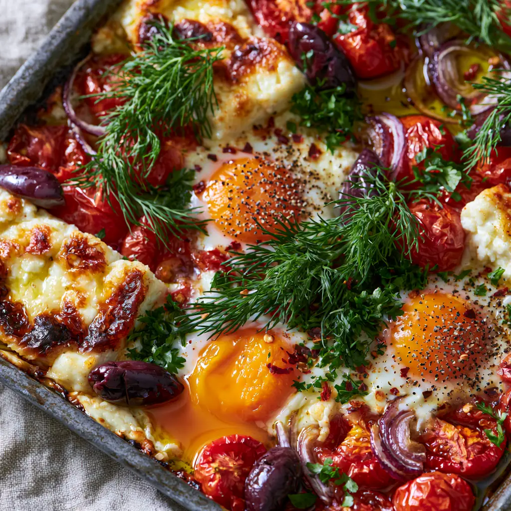 Mediterranean Baked Feta Eggs with Blistered Tomatoes and Olives 2 Macro close-up of Mediterranean Baked Feta Eggs showing the texture of a runny yolk and crispy charred feta edges.