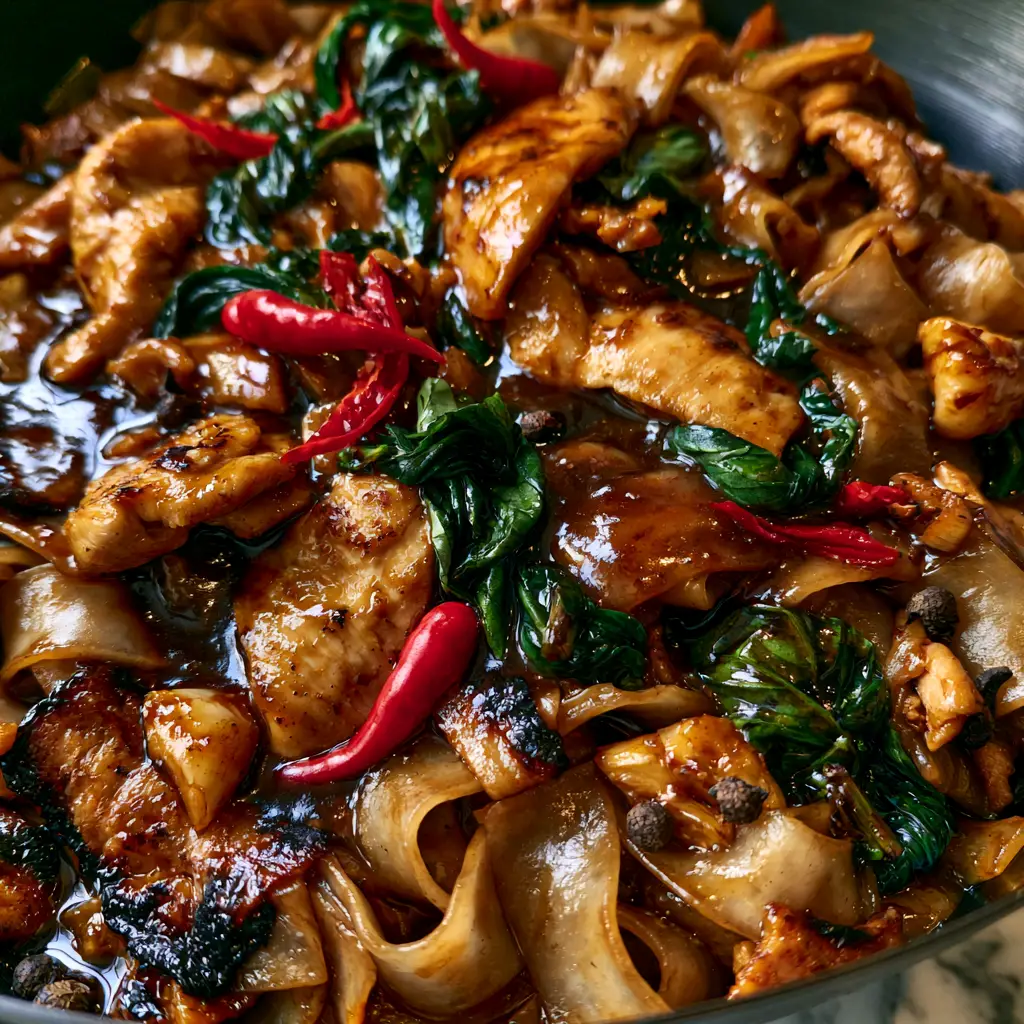 Pad Kee Mao: The Ultimate Guide to Authentic Spicy Thai Drunken Noodles 2 Extreme close-up of Pad Kee Mao showing glistening dark noodles and seared chicken slices. (Pad Kee Mao)