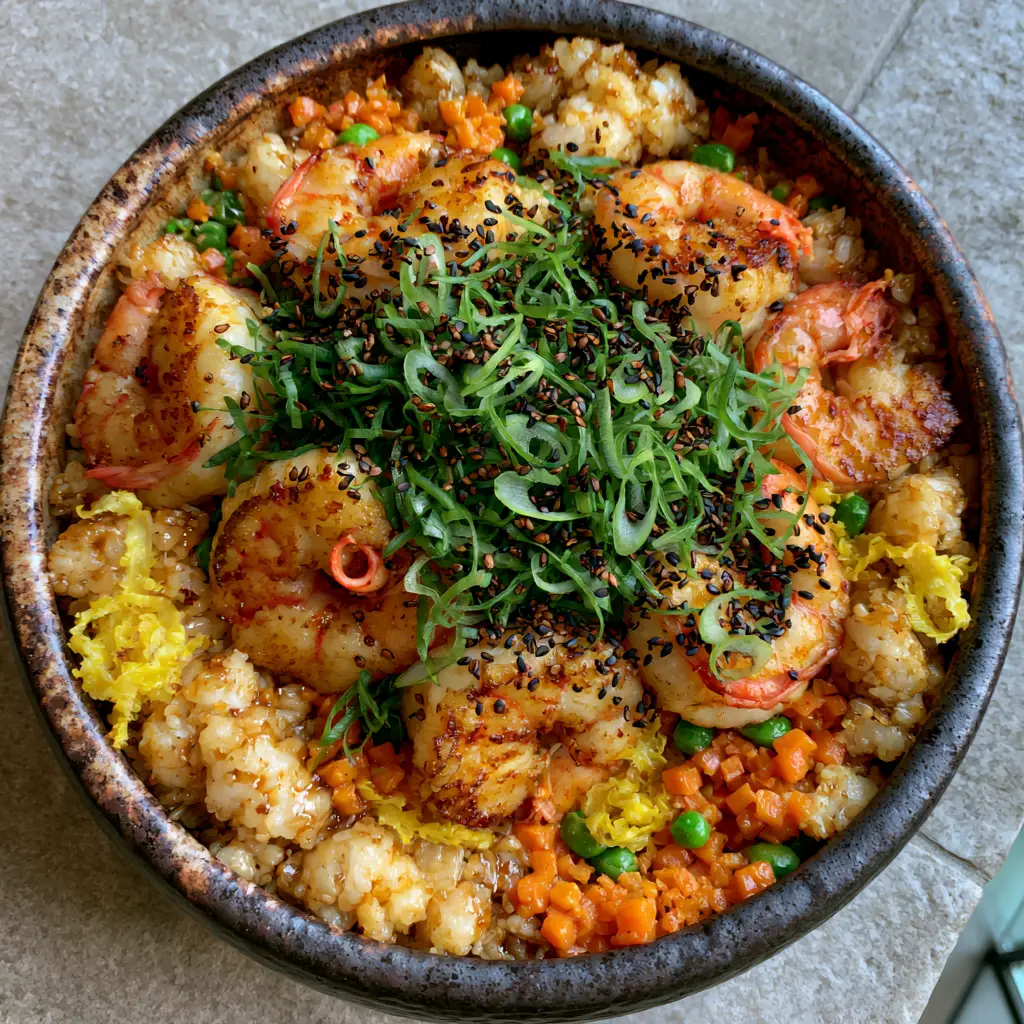 Shrimp Fried Rice Recipe: The Ultimate Guide to Wok-Seared Perfection 2 Top-down view of premium shrimp fried rice in a dark bowl with visible golden-brown sear marks on shrimp and glossy umami glaze. (Shrimp Fried Rice Recipe)