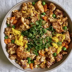 Close-up of seared jasmine rice grains with visible golden-brown edges and vibrant carrot brunoise in chicken fried rice.