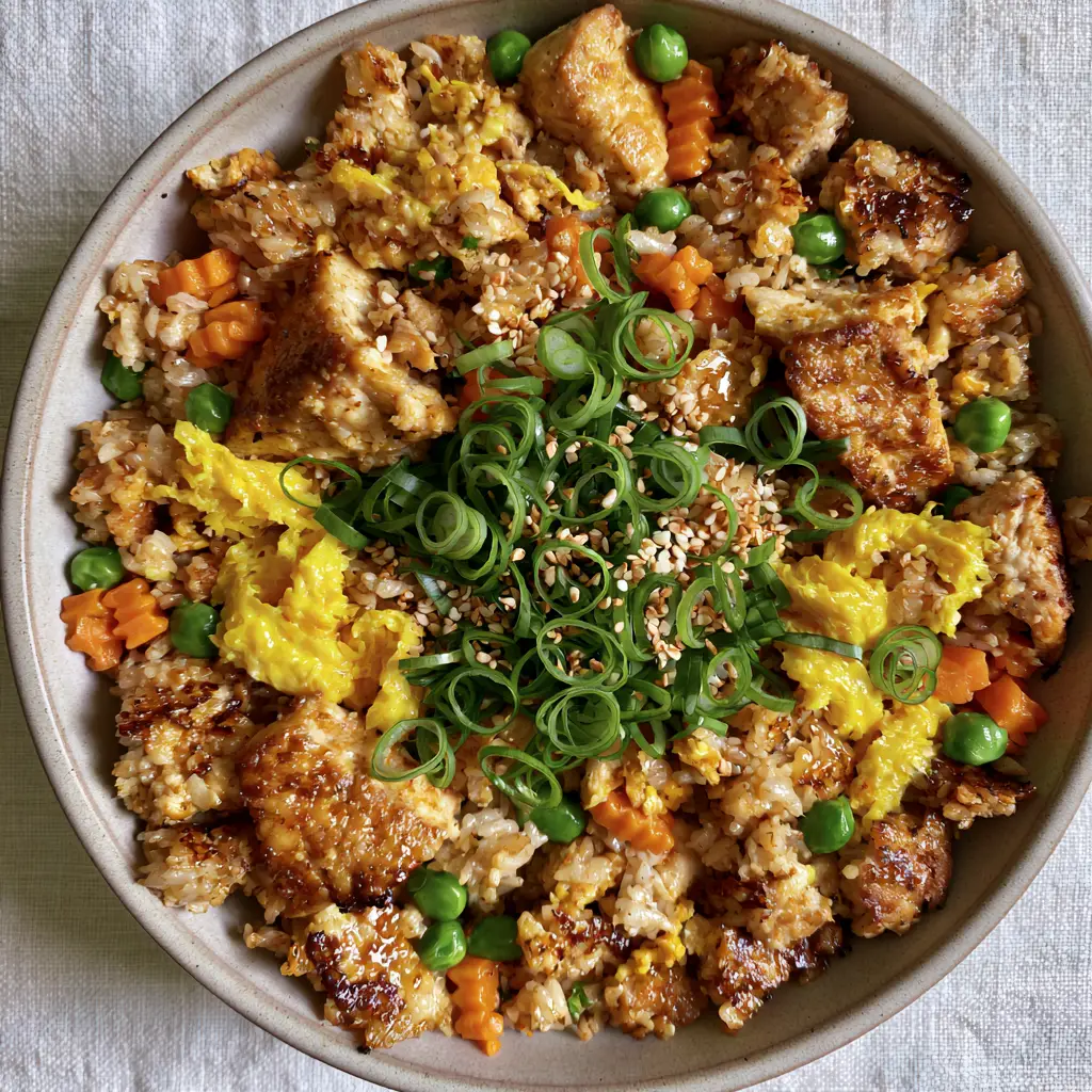 Chicken Fried Rice with Seared Jasmine Grains and Golden Chicken 2 Close-up of seared jasmine rice grains with visible golden-brown edges and vibrant carrot brunoise in chicken fried rice.