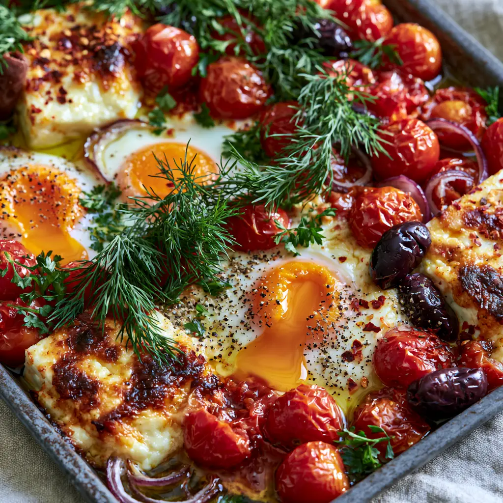 Mediterranean Baked Feta Eggs with Blistered Tomatoes and Olives 1 Top-down view of blistered cherry tomatoes and melted feta cheese with fresh parsley and dill on a dark sheet pan.