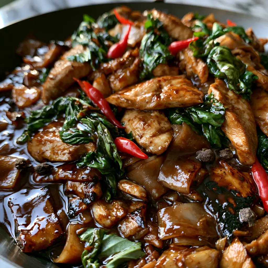 Pad Kee Mao: The Ultimate Guide to Authentic Spicy Thai Drunken Noodles 1 Wide rice noodles with visible charred brown edges and vibrant Thai basil leaves. (Pad Kee Mao)