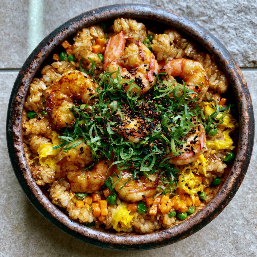 Shrimp Fried Rice Recipe: The Ultimate Guide to Wok-Seared Perfection 1 Smartphone lifestyle photography of shrimp fried rice garnished with black sesame seeds and fresh scallions on a grey stone countertop.