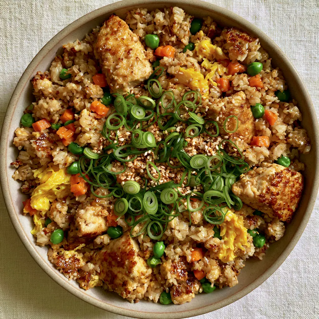 Chicken Fried Rice with Seared Jasmine Grains and Golden Chicken 1 Handheld photo of chicken fried rice garnished with a forest of green scallions and toasted white sesame seeds.
