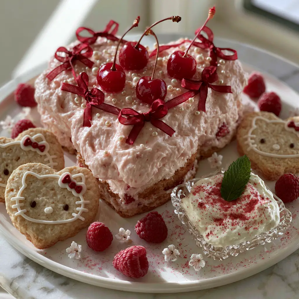 Handheld smartphone photo of a Hello Kitty dessert platter with heart cookies and whipped mascarpone.