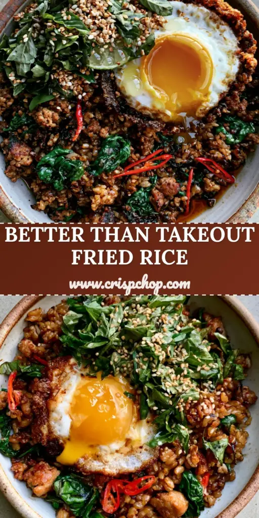 A top-down view of Thai basil chicken fried rice in a rustic bowl, topped with a crispy fried egg and fresh Thai basil. (Thai basil chicken fried rice)