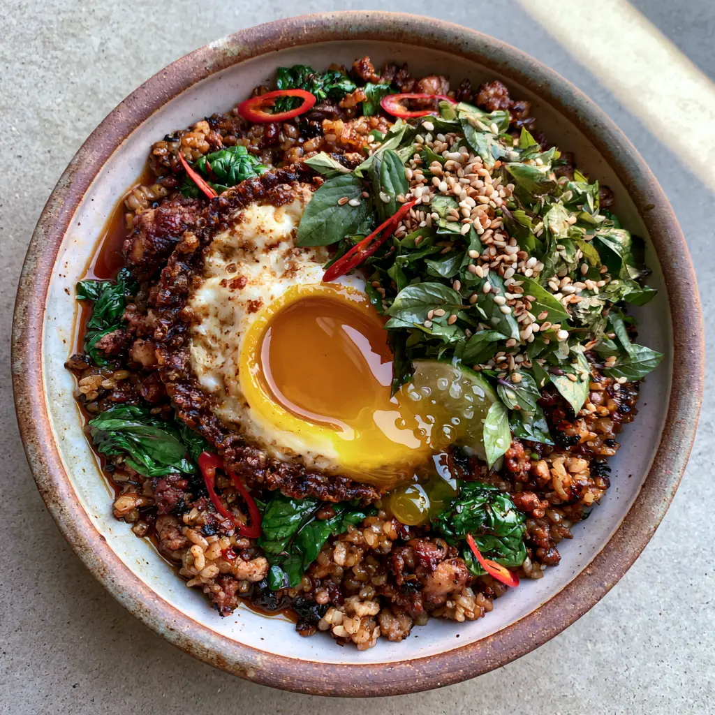 Close up of Thai basil chicken fried rice showing wilted emerald basil leaves and bright red bird's eye chilies.